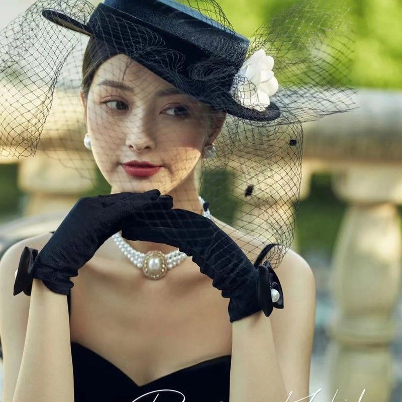 wedding hat French black top hat mesh bridal white elegant bow vintage handmade flat hat chapeau femme luxe ceremonie mariage 250328