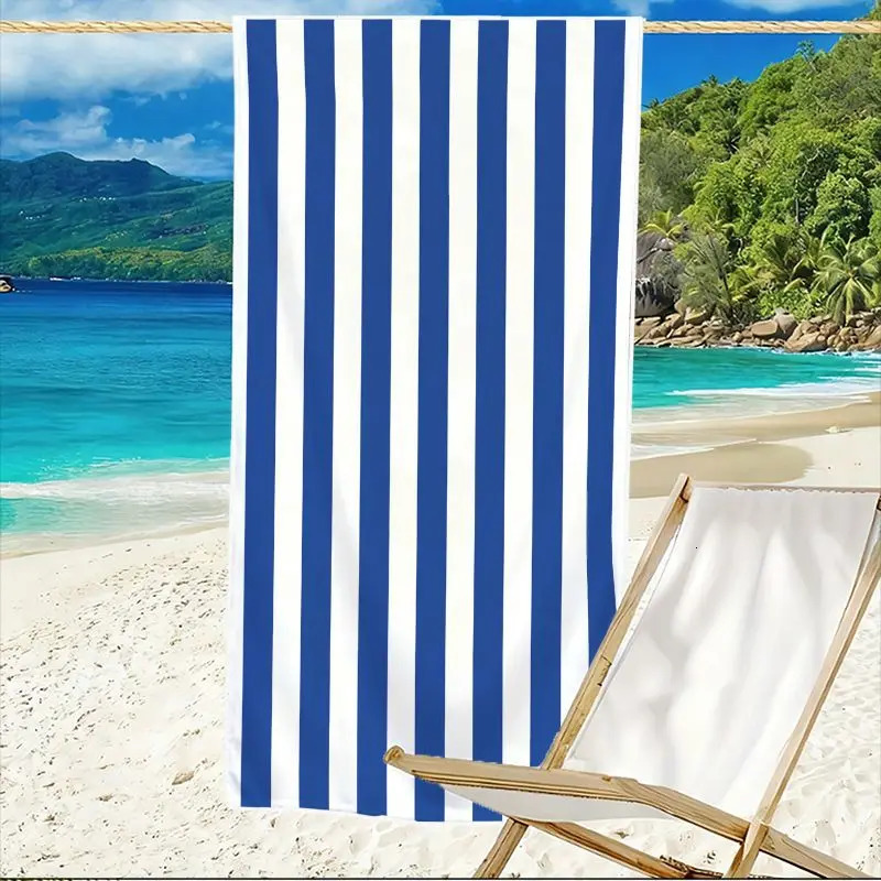 1Pc Blue and White Striped Beach Towel Super Absorbent Lightweight Beach Towel S andFreeQu ickDryingTow elSof tMic rofiberSui tablefor hasB ea 260622C - view 6