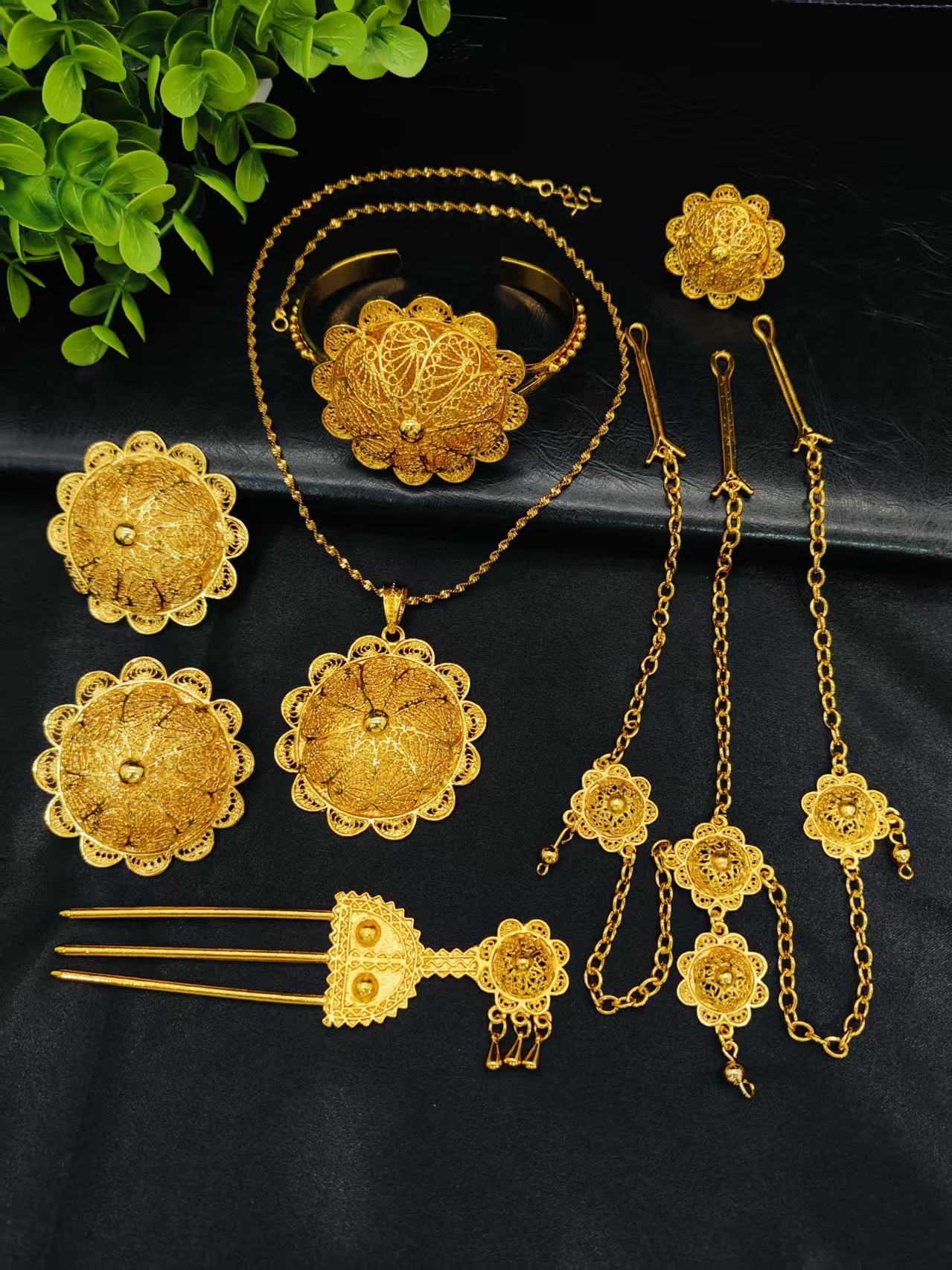 Luxury Ethiopian 24k Gold Color 6pcs Jewelry Sets For Women Dubai Big Flower Shape Nigerian Necklace Jewellery Set Gift Wedding - view 3