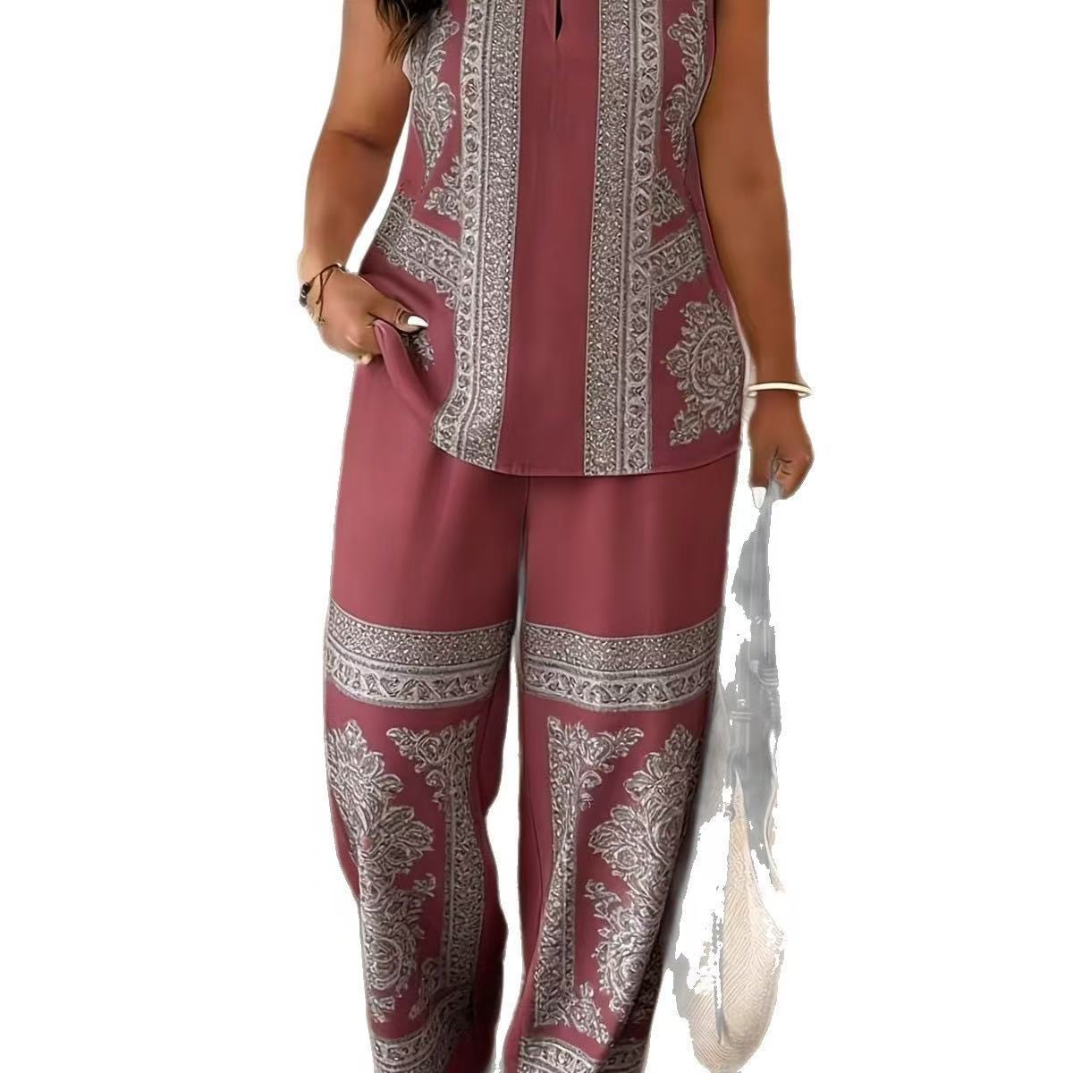 Feather Print Women Tanks Pants Sets Colorful Sleeveless Oneck Vest Top Straight Trousers Suits 2 Pieces Chic Street Outfits 250709