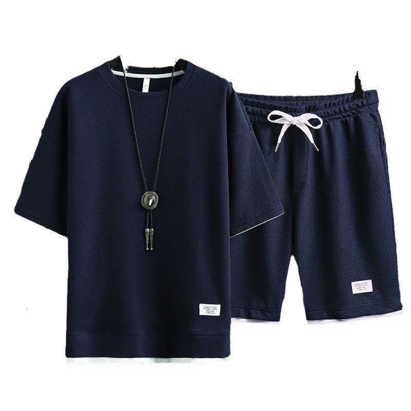 Waffle knit Tshirt for men shortsleeved ice silk summer set stylish casual sportswear pants sports suit 250625