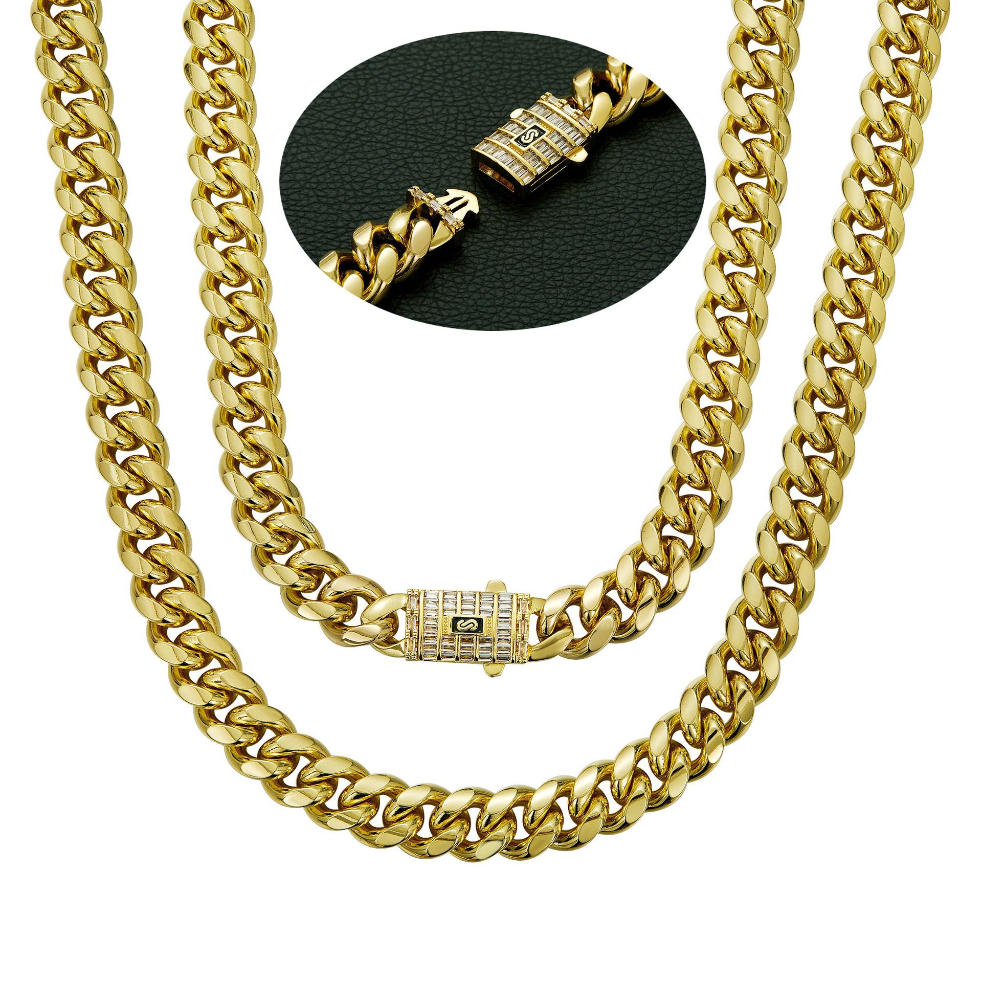 Choucoong Waterproof Titanium Stainless Steel Miami Cuban Chain 18K Gold Fill Men Hip Hop Necklace Iced Screw Box Clasp Punk Street Jewelry For Party  - view 5