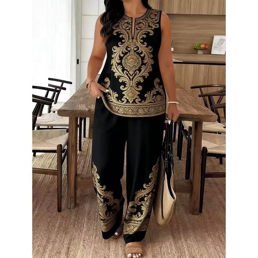 Feather Print Women Tanks Pants Sets Colorful Sleeveless Oneck Vest Top Straight Trousers Suits 2 Pieces Chic Street Outfits 250709