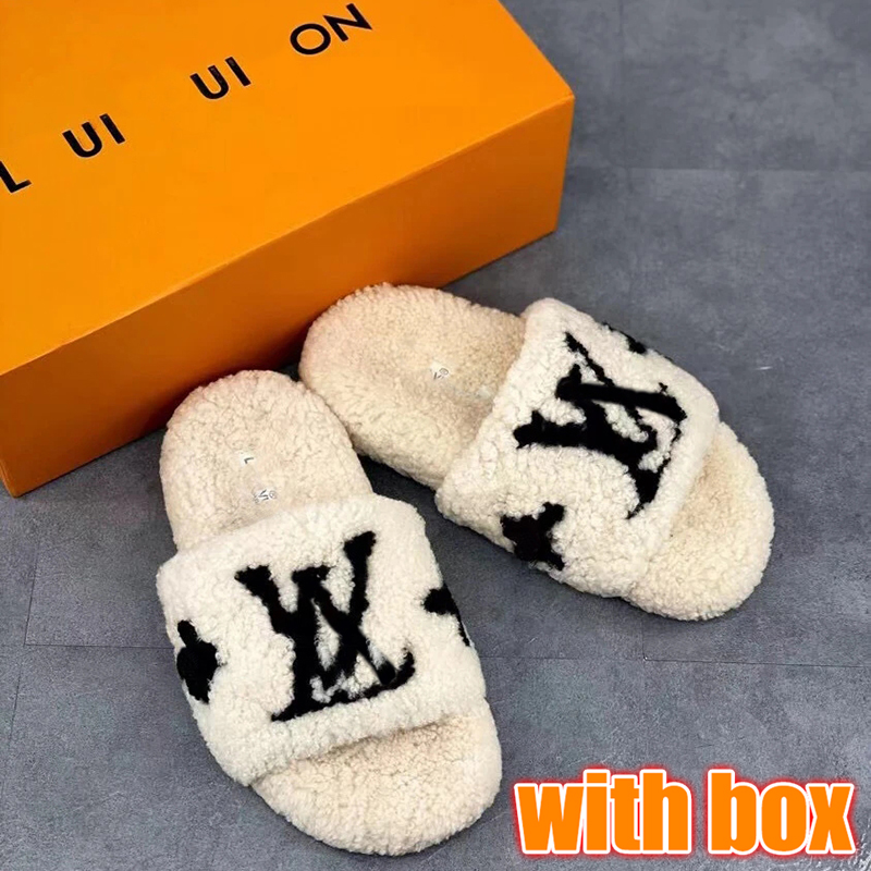Designer Shoes High Quality Fuzzy Wool Slide Sandals Women Fashion Embroidered Logo Shearling Slippers Soft Warm Indoor Outdoor Daily Wear Fur Flats Shoes