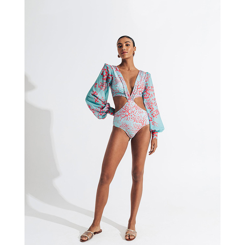 sexy backless long sleeved bikini high waisted lace up swimsuit for women 240527