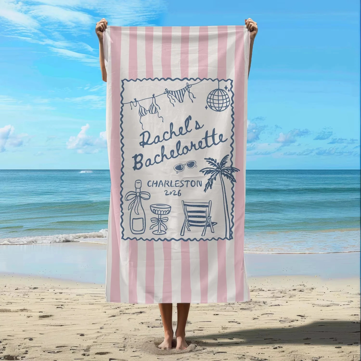 Pink Stripe Beach Towel for Women Cute Coastal Party Bachelorette Summer Gym Sports Swimming Towel 260622 - view 7