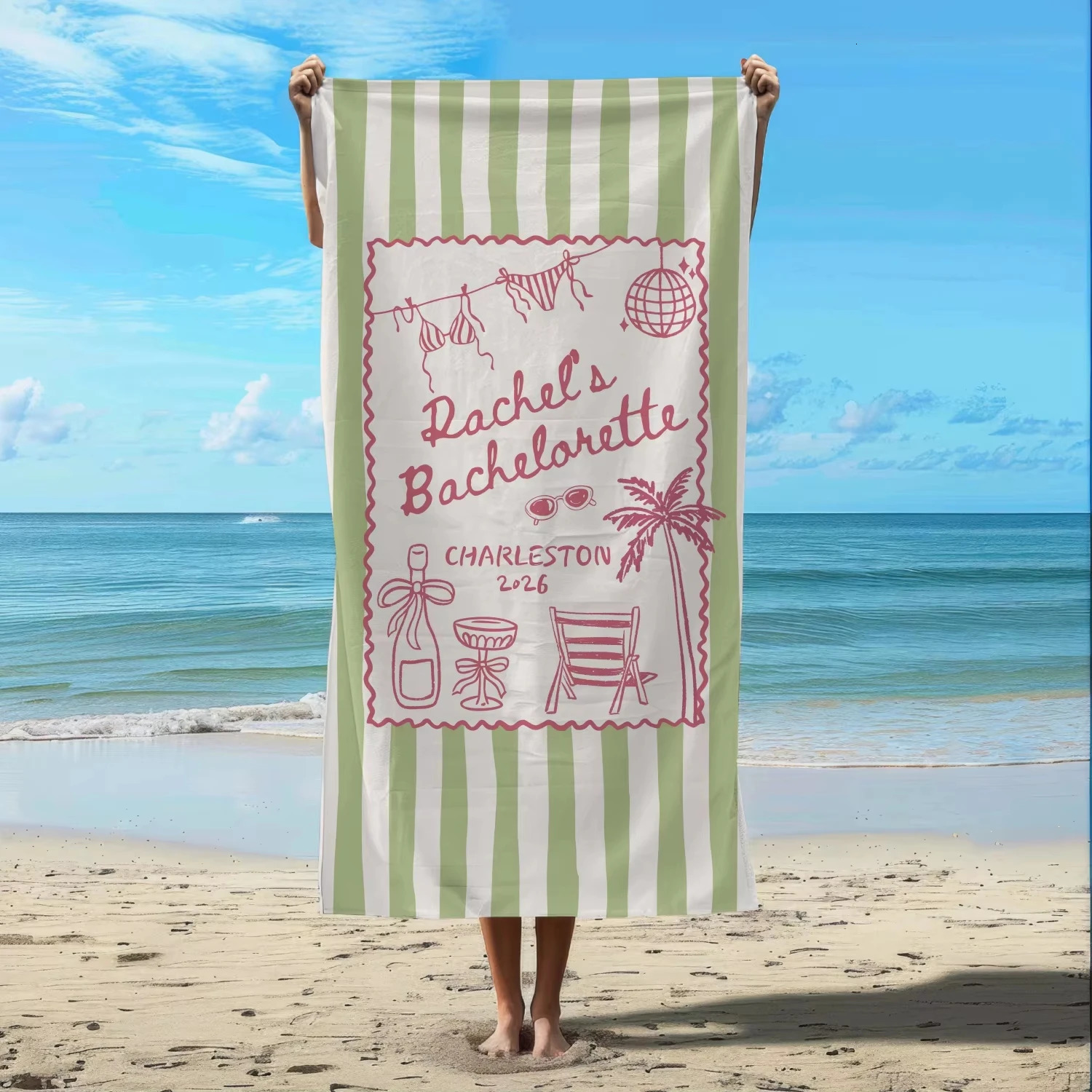Pink Stripe Beach Towel for Women Cute Coastal Party Bachelorette Summer Gym Sports Swimming Towel 260622 - view 6