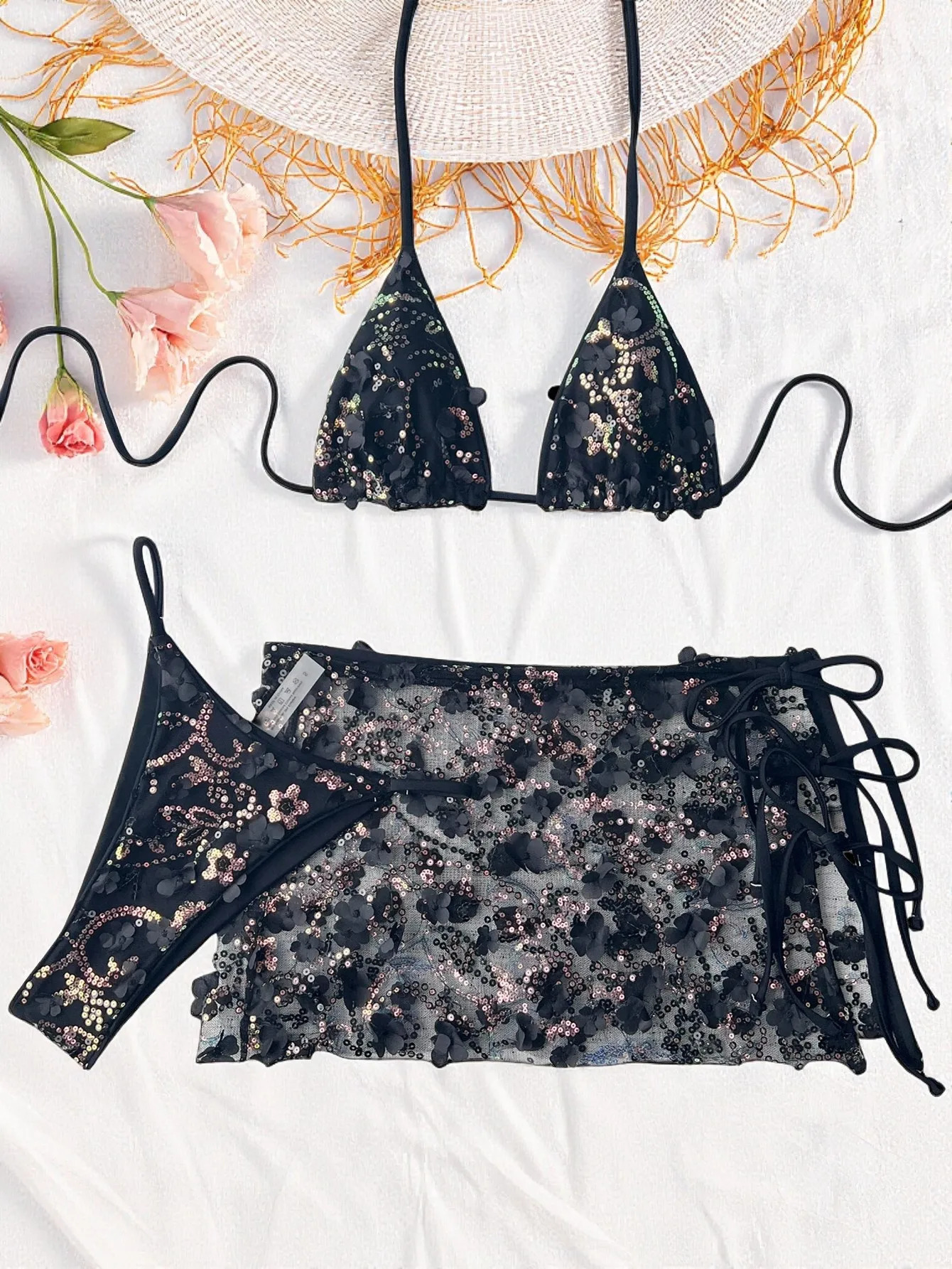 Shiny Sequin Black White Bikini Set Women Push Up Bra 3D Mesh Floral Cover Up 3 Piece Thong Swimsuit Beach Bathing Suit Swimwear 260622