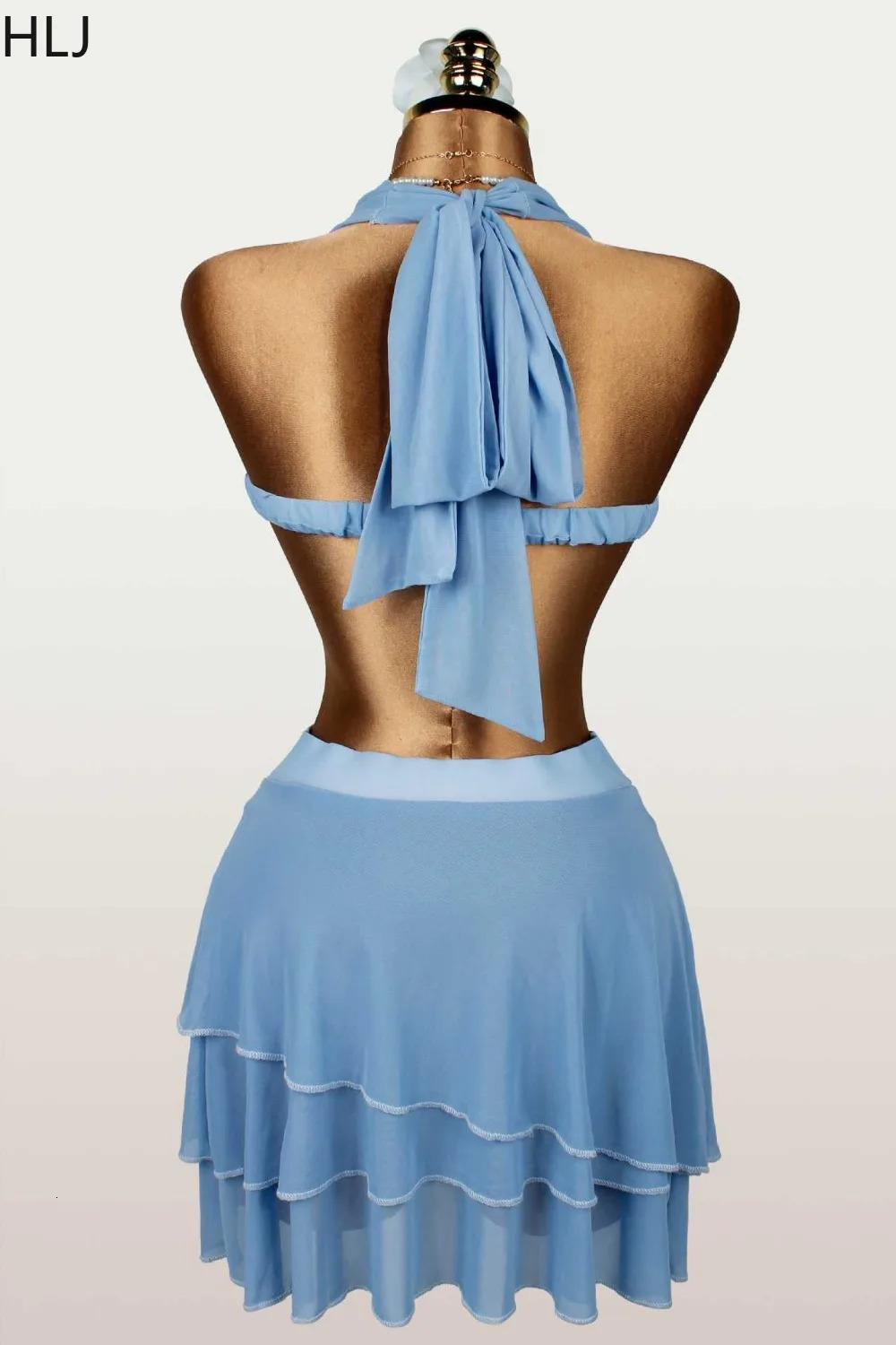 HLJ Women 3 Piece Light Blue Beach Outfit Set Halter Mesh Crop Top Tiered Mini Skirt Pearl Waist Chain Boho Y2K Summer 2026 260618 - view 4