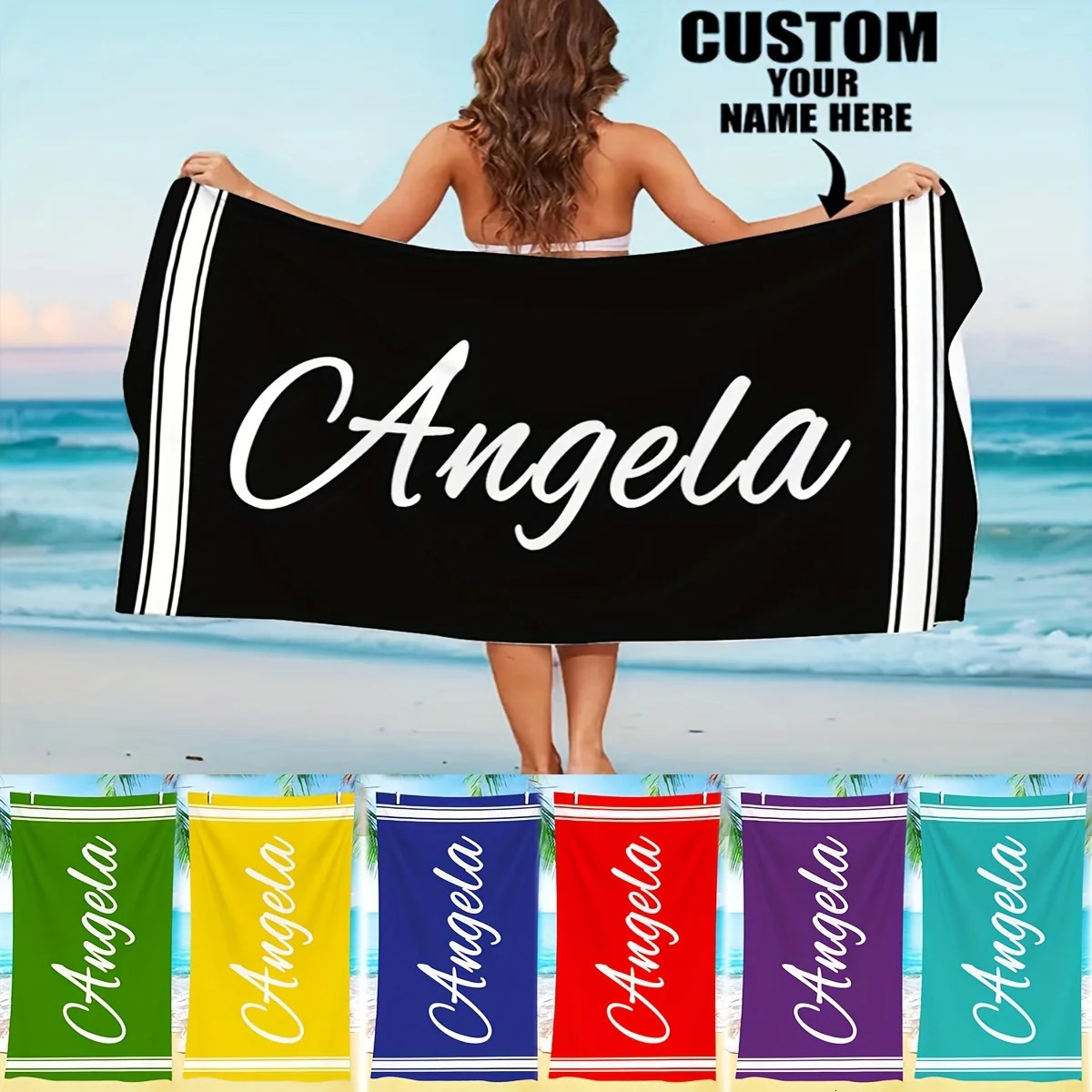 Personalized Striped Beach Towel Custom Name/ Microfiber Towel Thin Quick Dry Absorbent for Beach Swimming Yoga Bath Sports 260622CJ