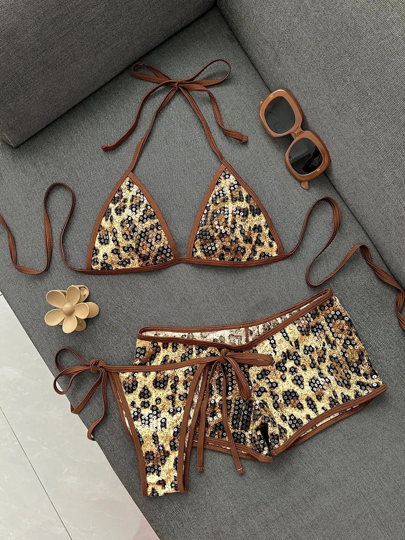 Sexy Sequin Coffee Leopard Print Holiday Bikini Set 2026 Women Summer High Wiast Short 3 Piece Swimsuit Bathing Suit Swimwear 260622