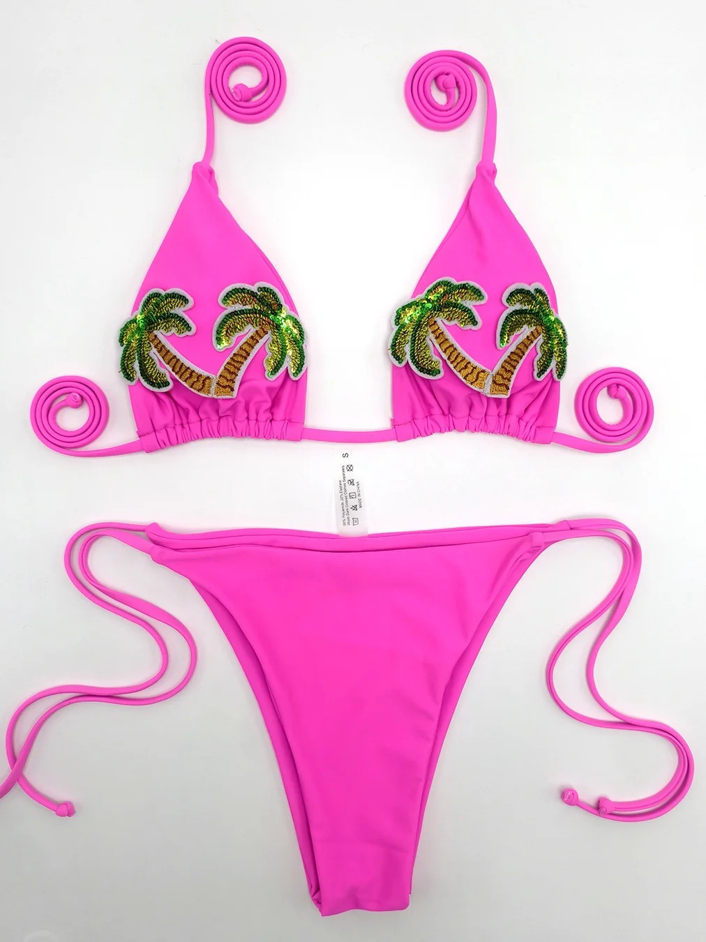 Sexy Sequin Coconut Tree Bikini Set Women Pink Blue Pleate Push Up Bra Micro Swimsuit Beach Bathing Suit Thong Swimwear 260622