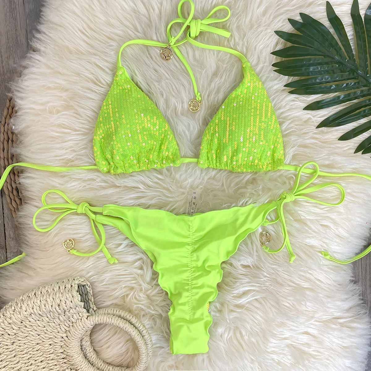 Melphieer Swim 2pcs Womens Summer Beach Holiday Ruching Bum Sequins Sparkle Glitter Plain Halter Strap Bikini Swimwear Set 260622 - view 6