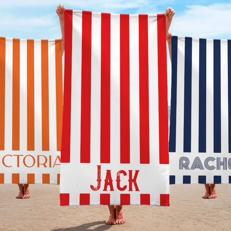 Striped Personalized Name Beach Towels Custom Name Beach Towel Christmas Anniversary Birthday Bach Trip Gift For Family Members 260622