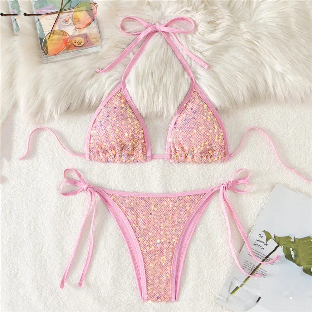 Pink Mesh Sequin Halter String Triangle Bikini Damen Micro Thong Sexy Swimsuit Women 2026 Bathing Suits Swimwear Bikinis Sets 260622