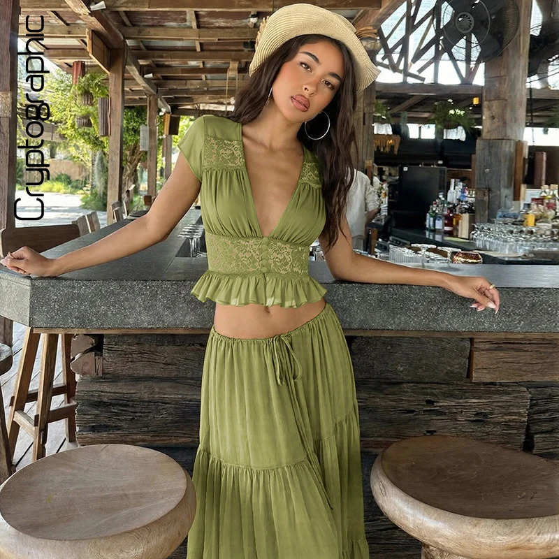 Cryptographic Womens Boho 2 Piece Outfits Green Chiffon Lace Patchwork Crop Top Maxi Skirt Sets Casual Lazy Beach Vacation 260618