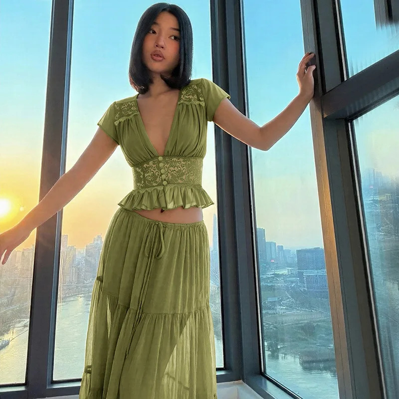 Cryptographic Womens Boho 2 Piece Outfits Green Chiffon Lace Patchwork Crop Top Maxi Skirt Sets Casual Lazy Beach Vacation 260618 - view 5