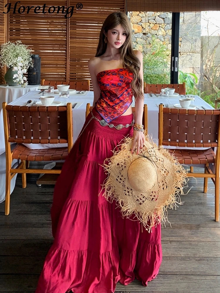 Womens 2 Piece Set Sexy Boho Print Tube Top High Waist Tiered Maxi Skirt Summer Elegant Beach Vacation Flowy Casual Outfit 260618 - view 5