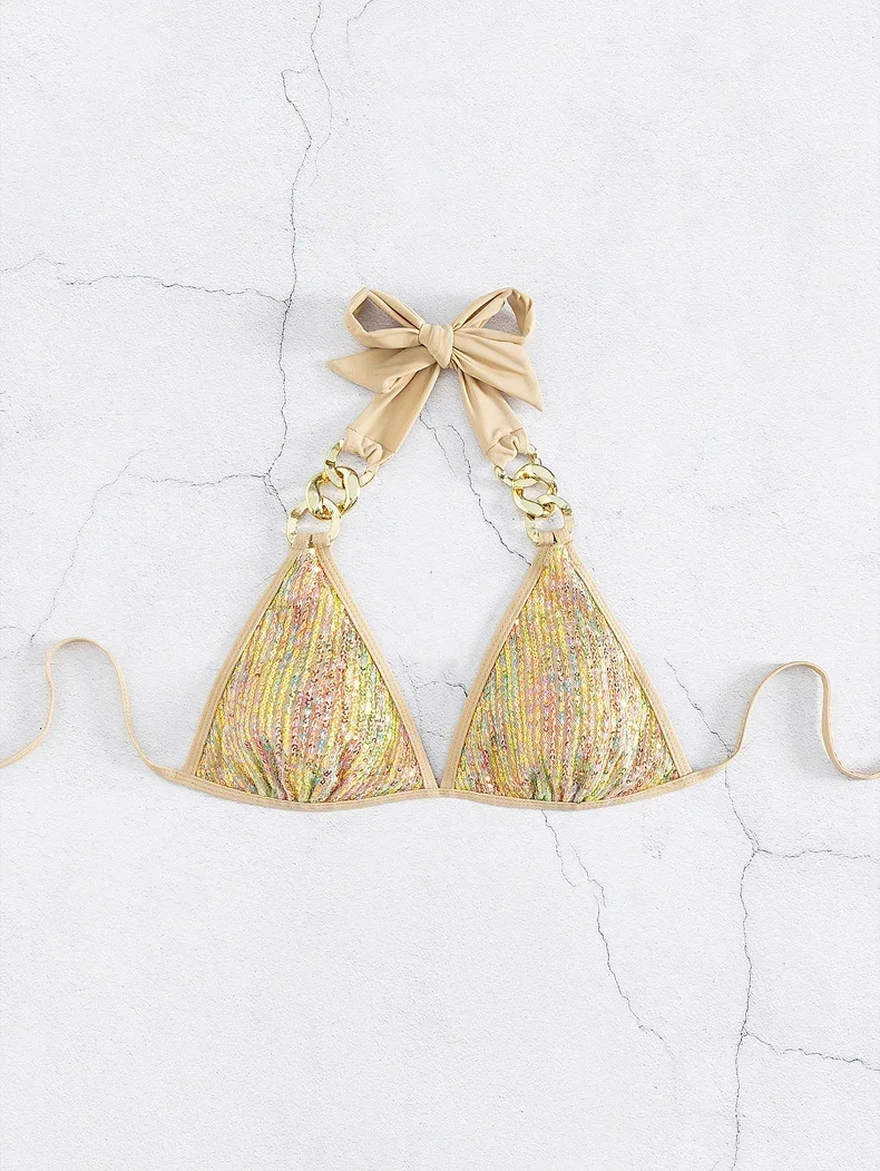 Shiny Sequin Gold Bikini Set Women Metal Strap Push Up Micro Swimsuit y Cut Out Bathing Suit Chain Thong Swimwear 260622 - view 7