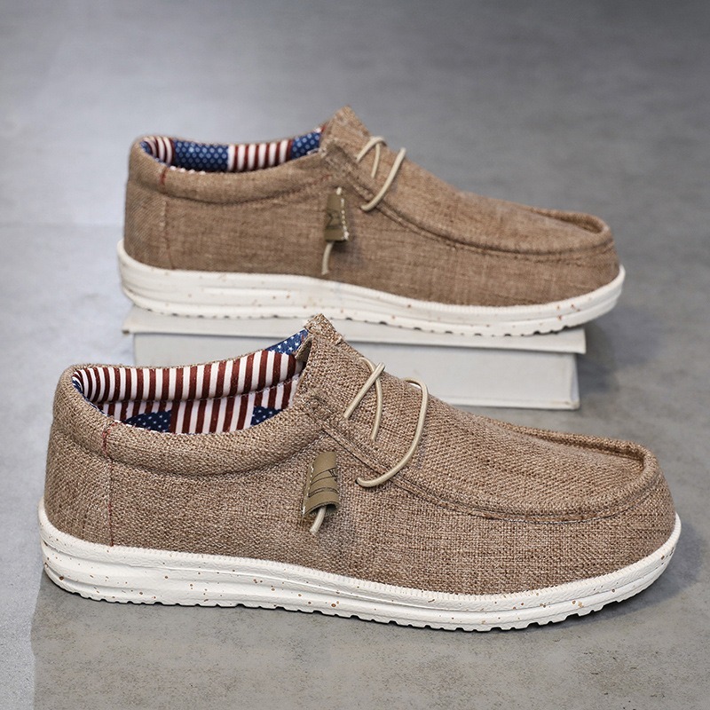 Linen Canvas Slip On Boat Shoes Elastic No Tie Laces Lightweight Breathable Casual Walking Loafers For Men
