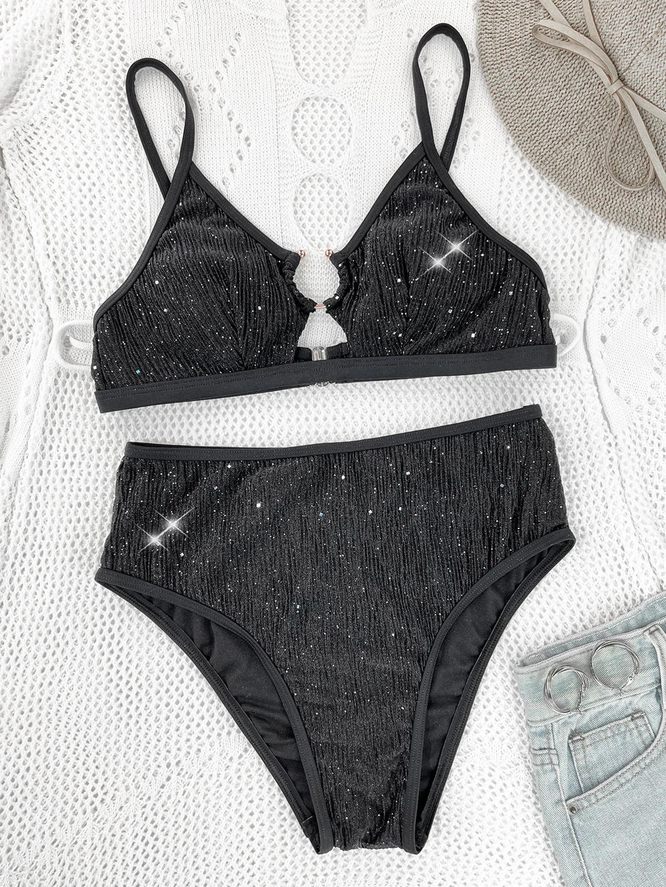 Shiny Sequin Black Bikini Set Women Hollow Out Metal Ring Push Up Bra High Waist Swimsuit Brazilian Beach Bathing Suit Swimwear 260622