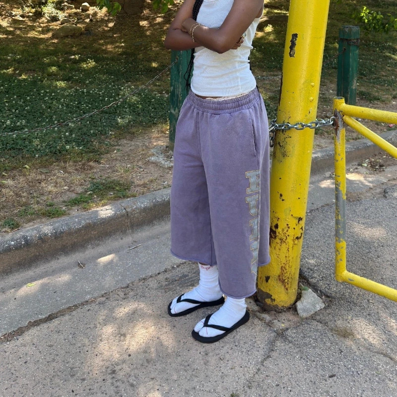 Y2K Retro Imperfect Purple Shorts Sunfade Letter Print Capris Pants American Hip Hop Casual Streetwear Unisex Baggy Sweatpants 260623 - view 3