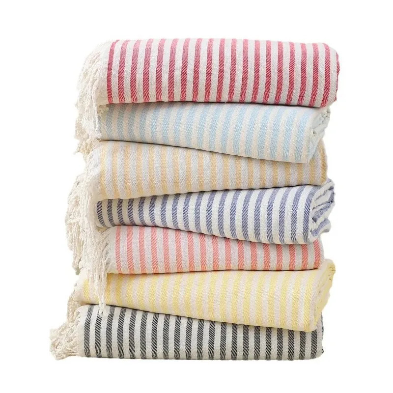 100x200cm Blue Stripes Tassel Turkish Beach Towel Extra Large Thickened Absorbent Fitness Fringed Bath Towel for Outdoor Use 260622