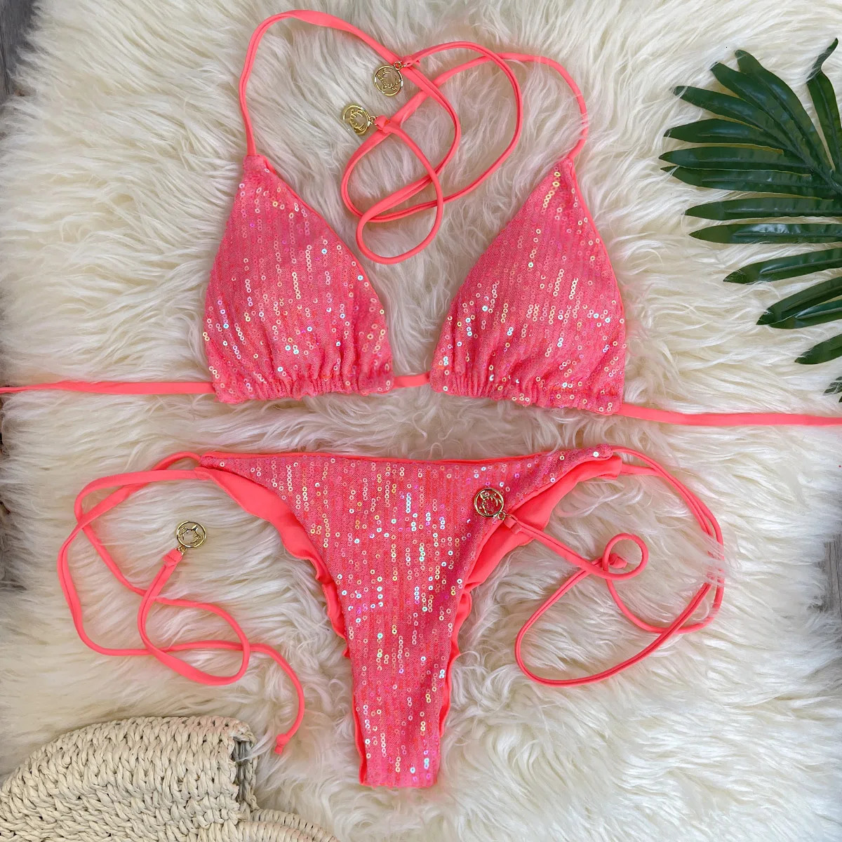 Melphieer Swim 2pcs Womens Summer Beach Holiday Ruching Bum Sequins Sparkle Glitter Plain Halter Strap Bikini Swimwear Set 260622 - view 3