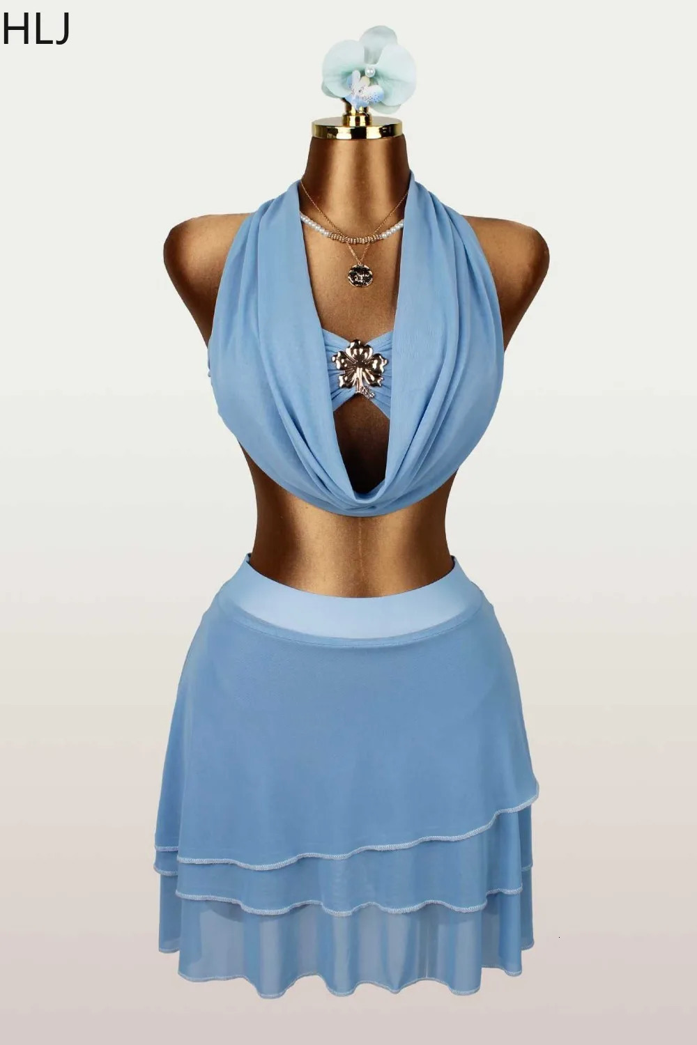 HLJ Women 3 Piece Light Blue Beach Outfit Set Halter Mesh Crop Top Tiered Mini Skirt Pearl Waist Chain Boho Y2K Summer 2026 260618 - view 3