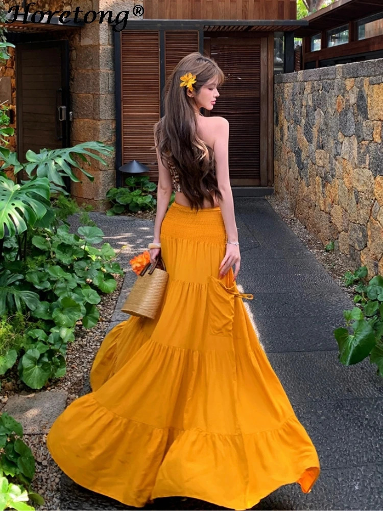 Womens 2 Piece Set Sexy Boho Print Tube Top High Waist Tiered Maxi Skirt Summer Elegant Beach Vacation Flowy Casual Outfit 260618 - view 3