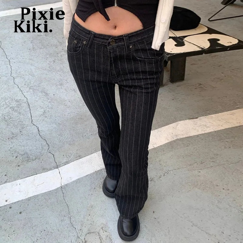 PixieKiki 2000s Clothes Y2k Low Rise Boot Cut Jeans Woman Casual Black Striped Denim Trousers Streetwear Flare Pants P77-FC43 260624 - view 4