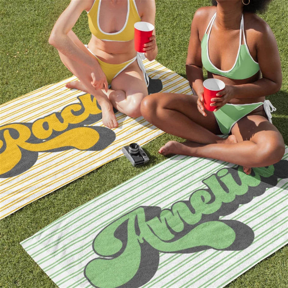 Retro Personalized Beach Towel Striped Custom Pool Towel Family Vacation Birthday Gift Bridesmaid Towel Hippi 70s Kids Pool 260622