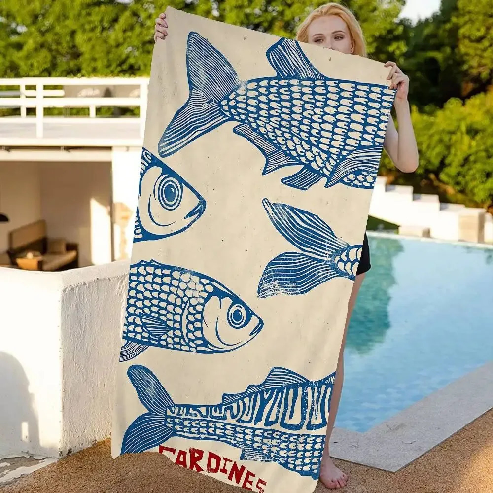 Plus Size Sardines Beach Towel Large Vintage Fish Bath Towel Quick Dry Sand Free Swimming Pool Travel Blanket Summer Vacation 260622 - view 3