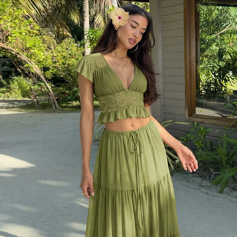 Cryptographic Womens Boho 2 Piece Outfits Green Chiffon Lace Patchwork Crop Top Maxi Skirt Sets Casual Lazy Beach Vacation 260618 - view 4