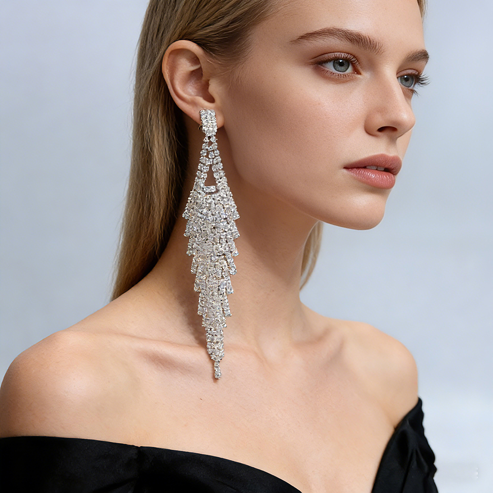 Wholesale Long Tassel Leaf Zircon Earrings Solid Copper Bling Bridal Ear Jewelry Custom Size Plating Color Factory Direct Supply EU Safe Standard