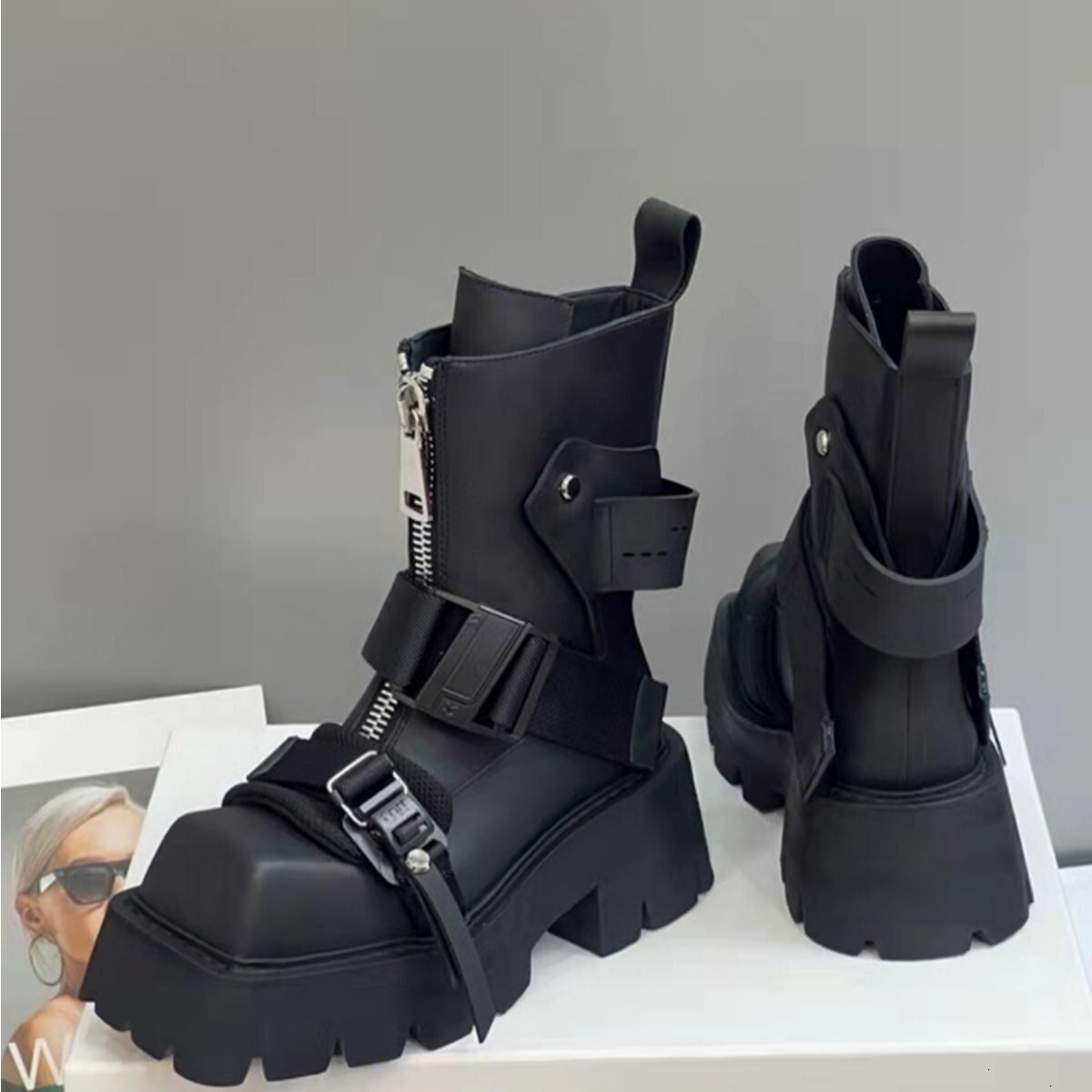 Womens White Black Platform Combat Boots Square Toe Buckle Strap Designer Shoes Side Zipper Chunky Heel Ankle Boots For Streetwear Punk Goth Style - view 4