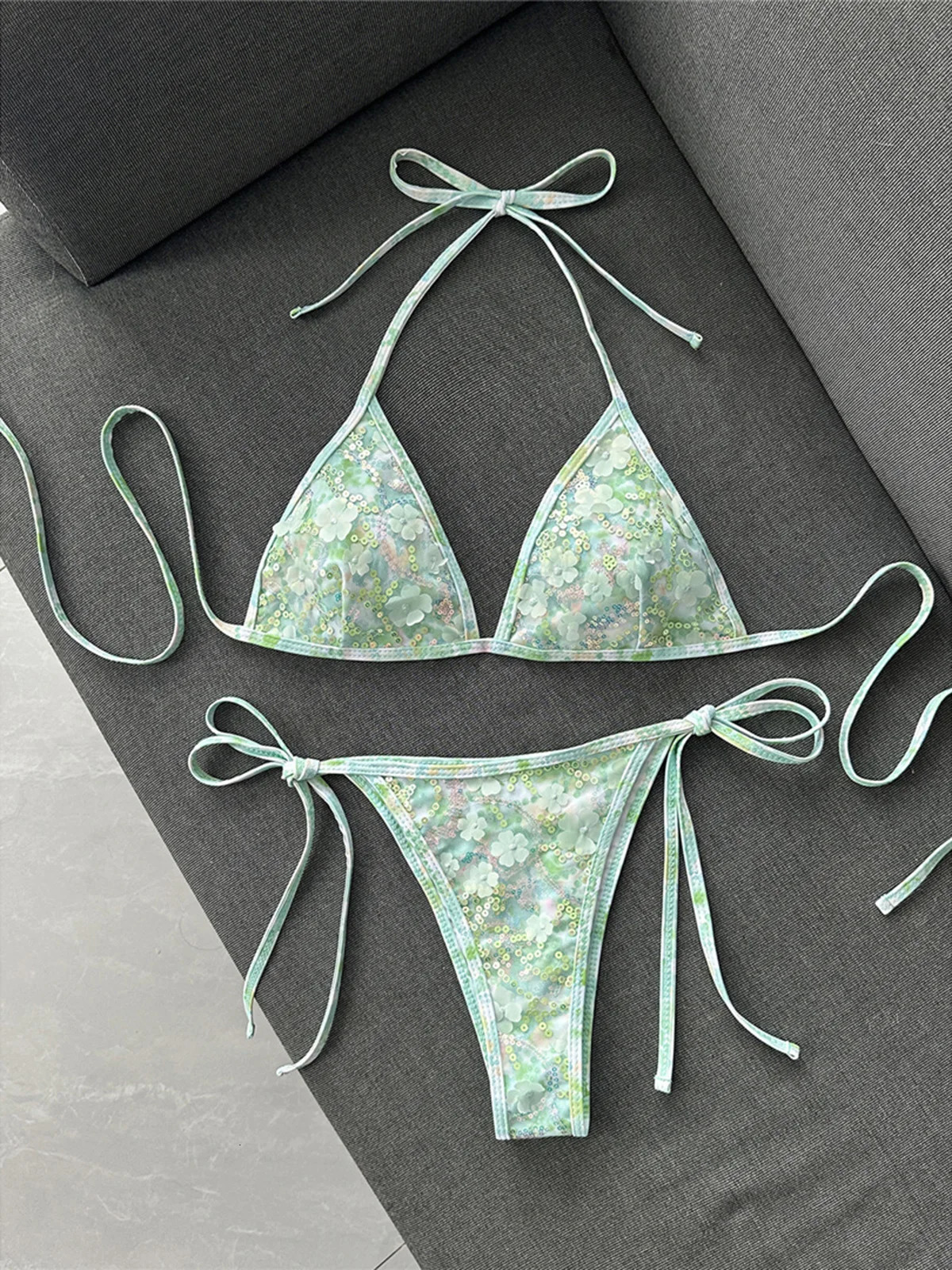 Printed Sequins Halter Bikini Women Swimwear Female Swimsuit High Leg Cut Bather Bathing Suit Swim Two-pieces Bikini set K8237 260622