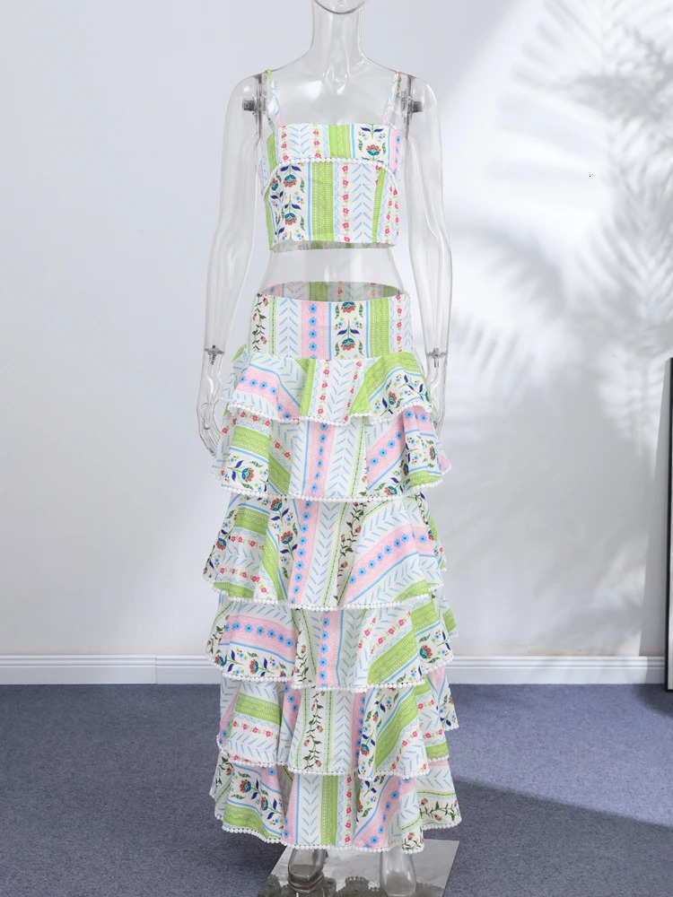 Vacation Floral Printed Cascading Ruffle Skirt Sets Women Sleeveless Sling Top Cake Long Skirts 2026 Summer Holiday Sweet Outfit 260618 - view 6