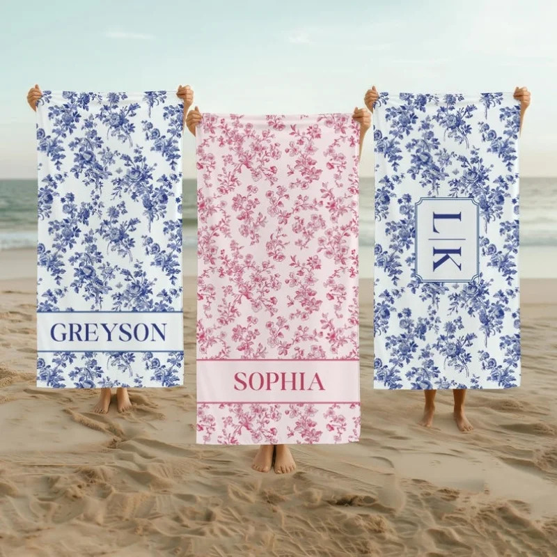 Custom Beach Towel Personalized Beach Towel Blue Toile Bachelorette Beach Towel Art Towel Bulk Discount 260622