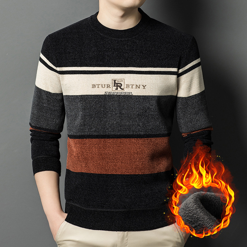 Luxury Fashion Designer Clothes Winter New Chenille Sweater Round Neck Fleece Lined Thickened Top Middle-Aged Men's Warm Knitted Base Shirt - view 4