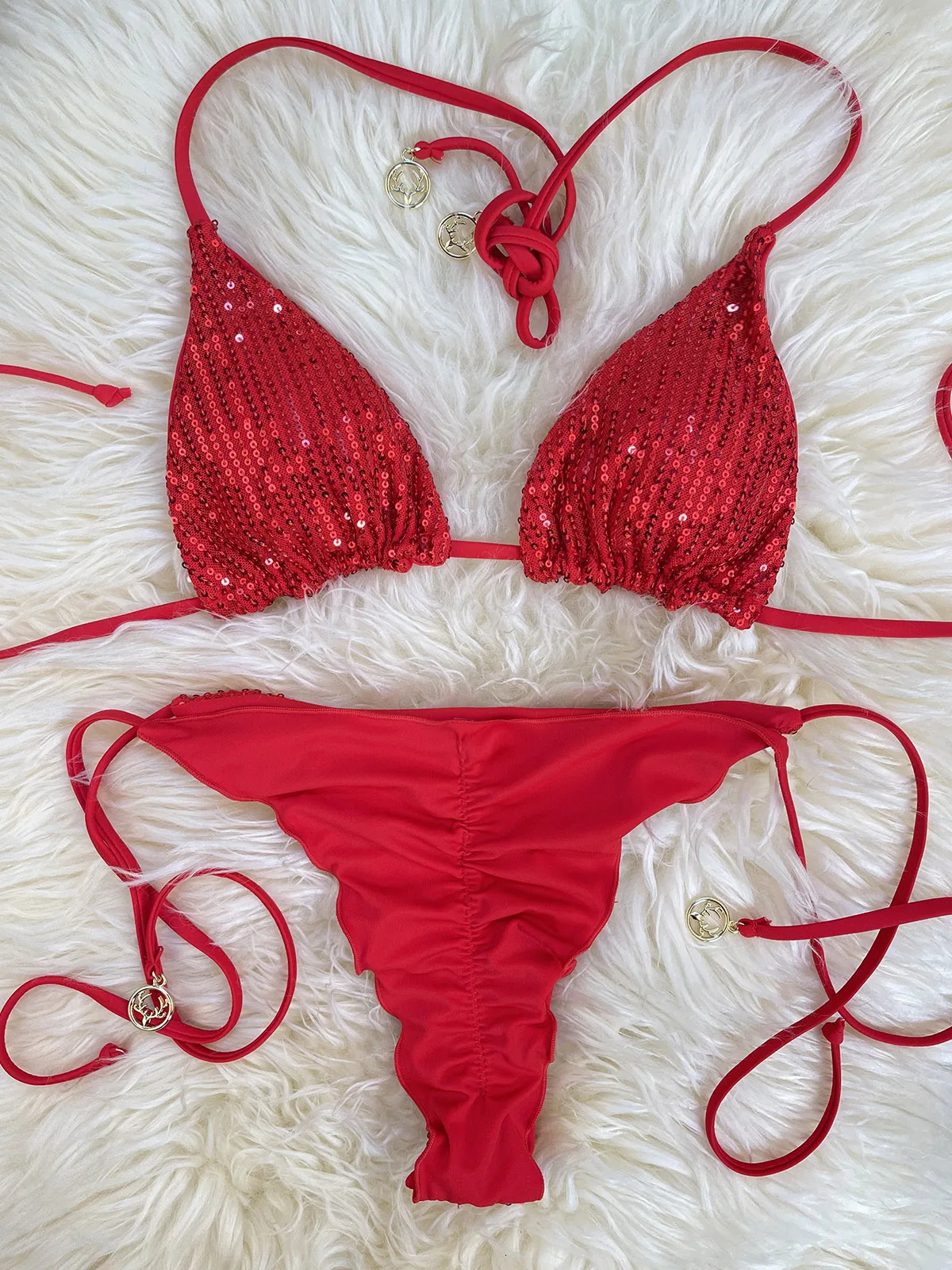 Melphieer Swim 2pcs Womens Summer Beach Holiday Ruching Bum Sequins Sparkle Glitter Plain Halter Strap Bikini Swimwear Set 260622 - view 5
