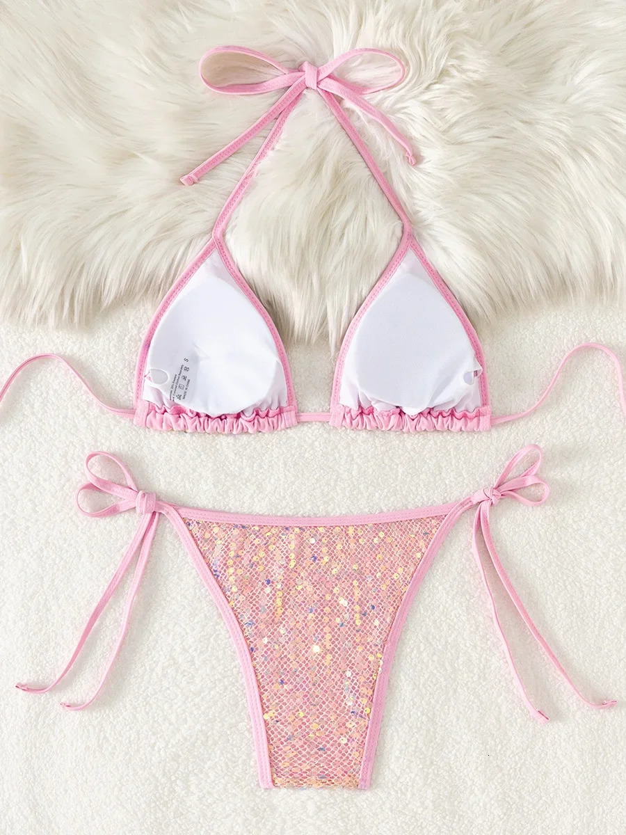 Sparkling Sequins Halter High Leg Cut Bikini Women Swimwear Female Swimsuit Two-pieces Bikini Set Bather Bathing Suit Swim Lady 260622 - view 5