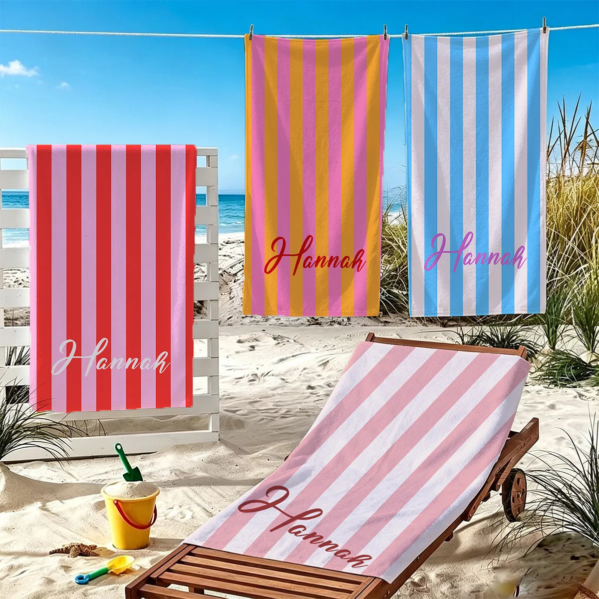 Personalized Striped Beach Towel Custom Name/ Microfiber Towel Thin Quick Dry Absorbent for Beach Swimming Yoga Bath Sports 260622