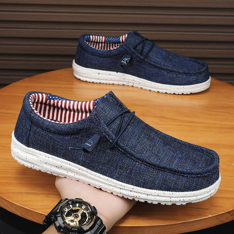 Linen Canvas Slip On Boat Shoes Elastic No Tie Laces Lightweight Breathable Casual Walking Loafers For Men - view 5