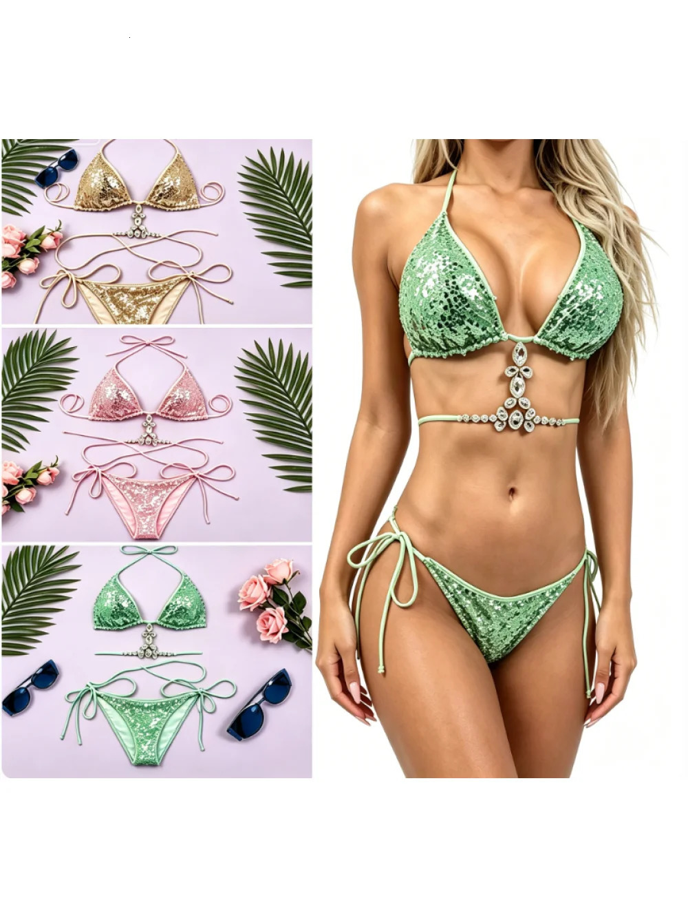 2026 summer sequin rhinestone chain girl bikini set with neck strap swimsuit niche light y sexy seaside vacation 260622 - view 3