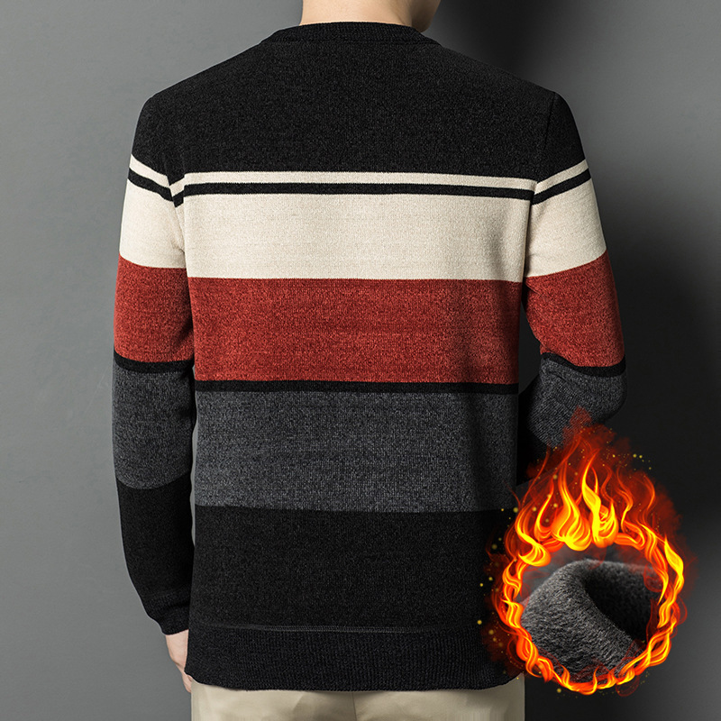 Luxury Fashion Designer Clothes Winter New Chenille Sweater Round Neck Fleece Lined Thickened Top Middle-Aged Men's Warm Knitted Base Shirt - view 5