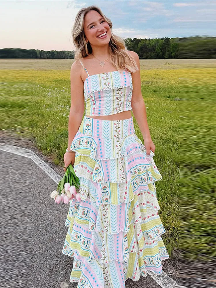 Vacation Floral Printed Cascading Ruffle Skirt Sets Women Sleeveless Sling Top Cake Long Skirts 2026 Summer Holiday Sweet Outfit 260618 - view 5