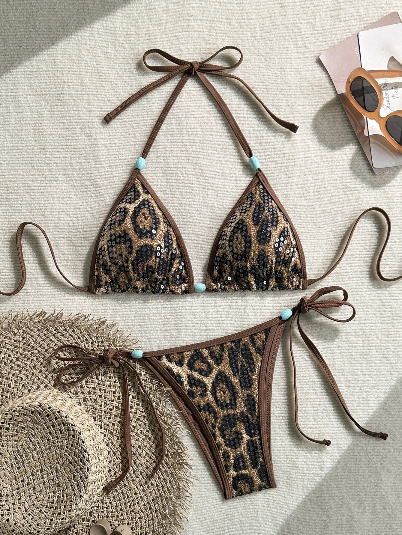 Sequin Brown Leopard Print Bikini Set 2026 Women Sexy Beaded String Push Up Bra Triangle Swimsuit Holiday Bathing Suit Swimwear 260622