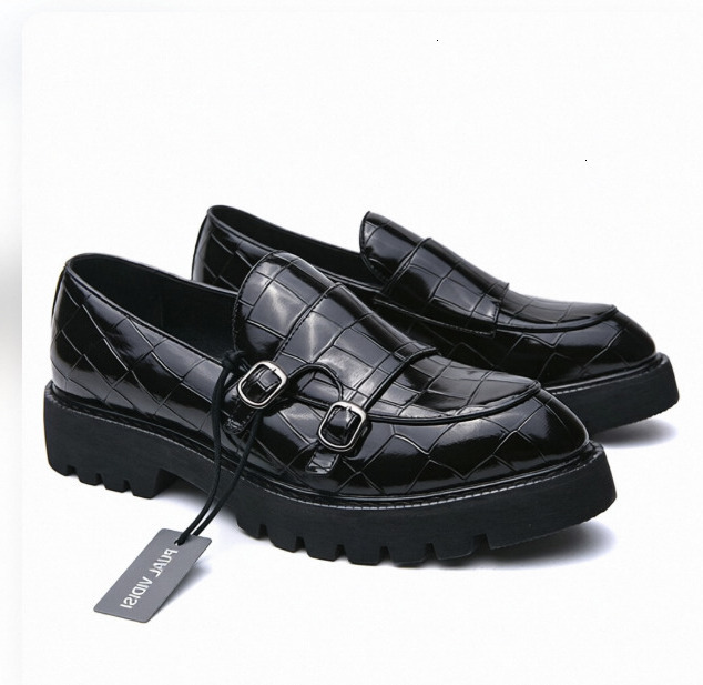 Mens Black Croc Platform Loafers Metal Buckle Designer Shoes Strap For Office Formal Wear - view 3