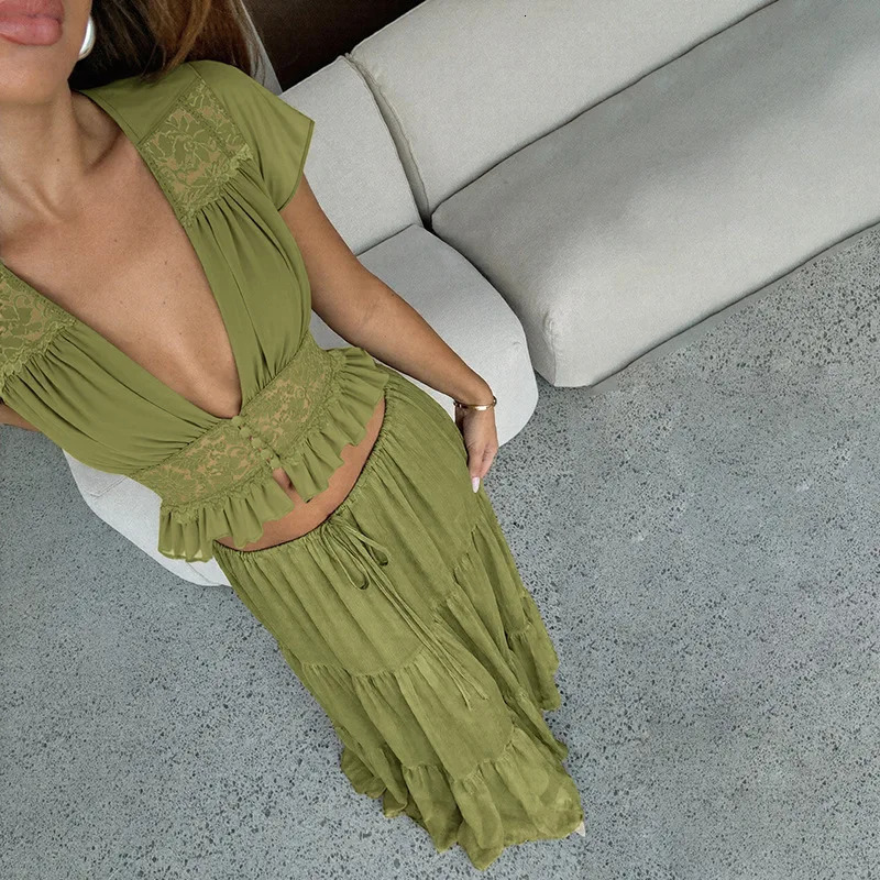 Cryptographic Womens Boho 2 Piece Outfits Green Chiffon Lace Patchwork Crop Top Maxi Skirt Sets Casual Lazy Beach Vacation 260618 - view 7